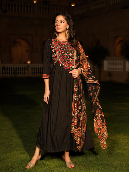 Juniper Women's Black Thread Embroidered Cotton Dress & Dupatta With Tassels & Mirror Work