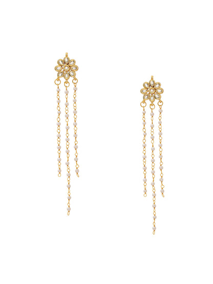 Ruby Raang Gold Long Kundan & Pearl Dangler Earrings