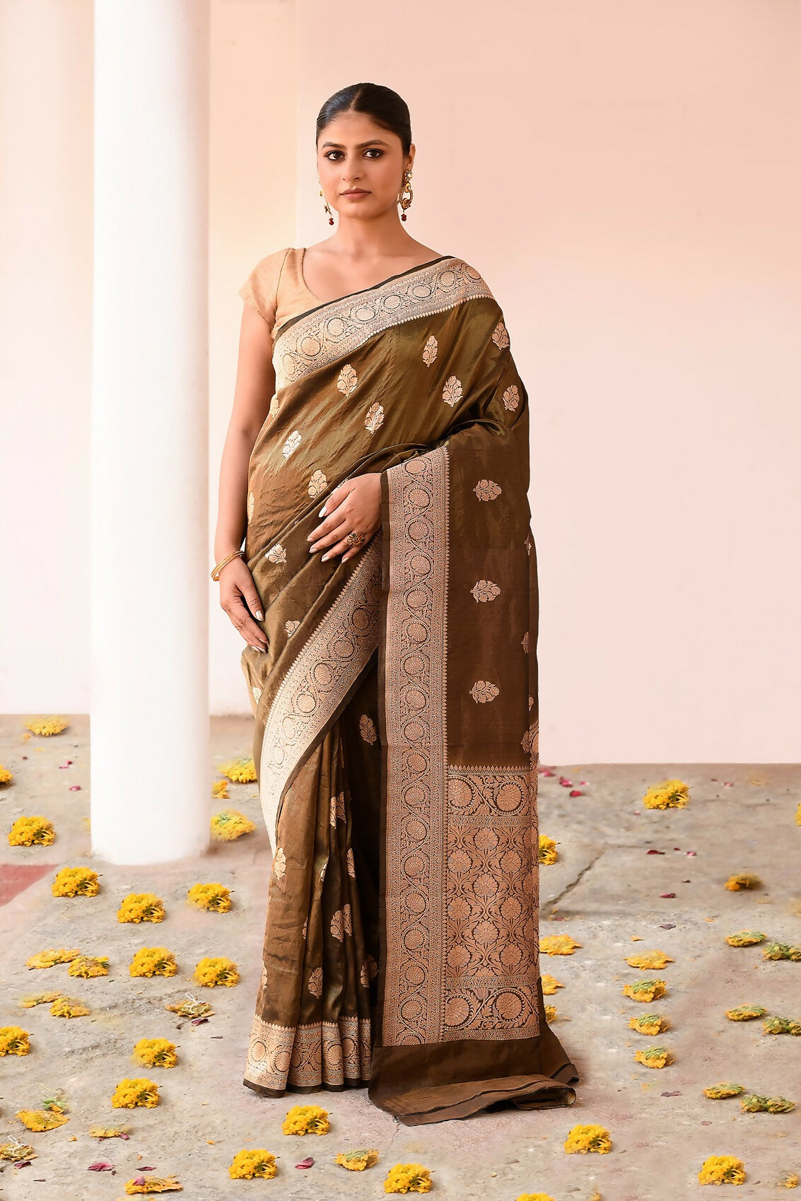 Joban Fashion Olive Green Banarasi Katan Pure Handloom Banarasi Silk Saree