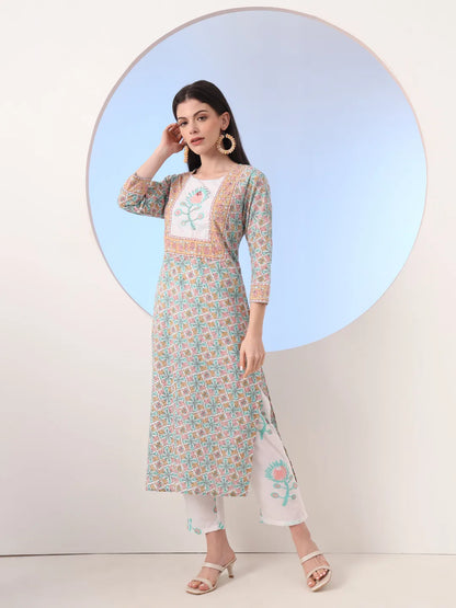 Yufta White And Blue Cotton Straight Kurta Pant Dupatta Set