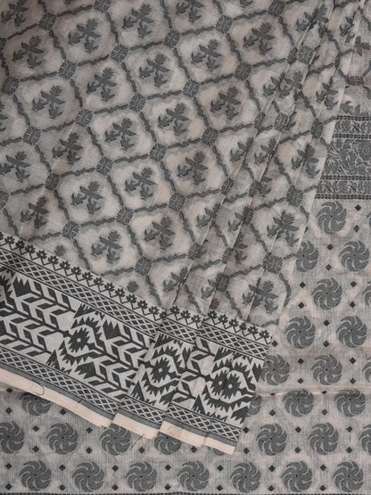 White Cut Work Cotton Handloom Saree with All Over Jamdani Style Design - Global Threads