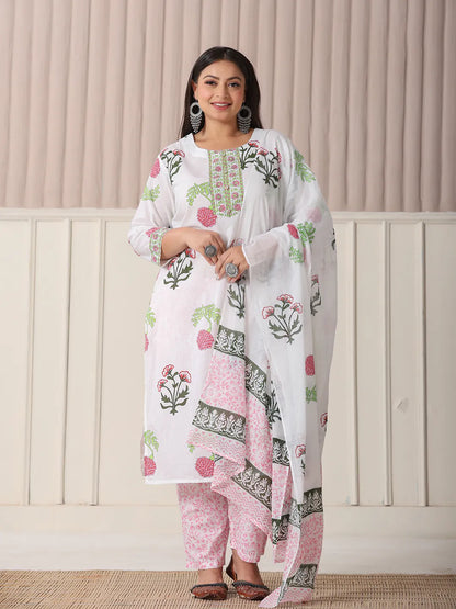 Yufta White Floral Print Cotton Show Button On Yoke Plus Size Kurta Set With Pant & Dupatta