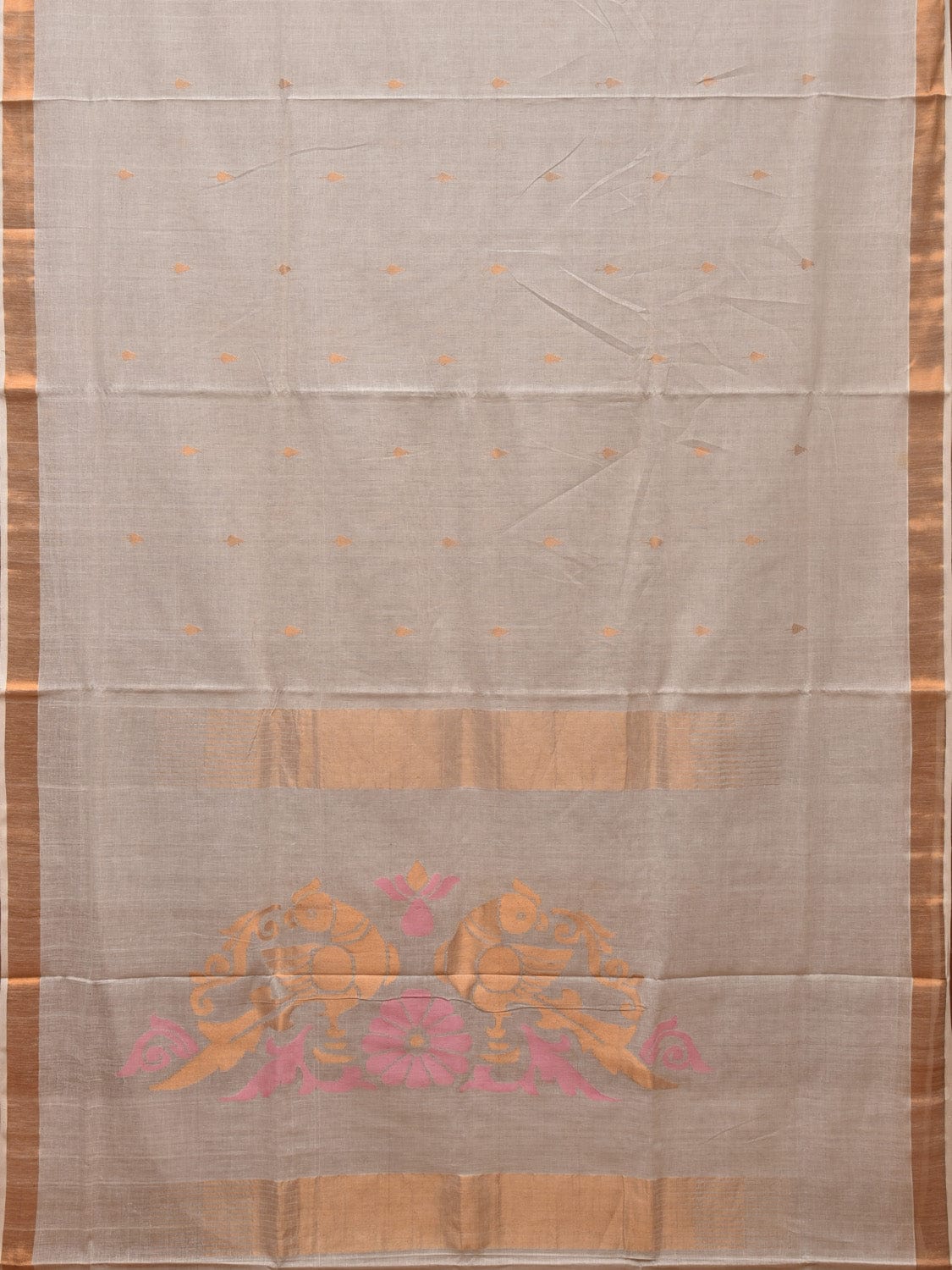White Khadi Cotton Handloom Saree with Parrots Pallu Design - Global Threads