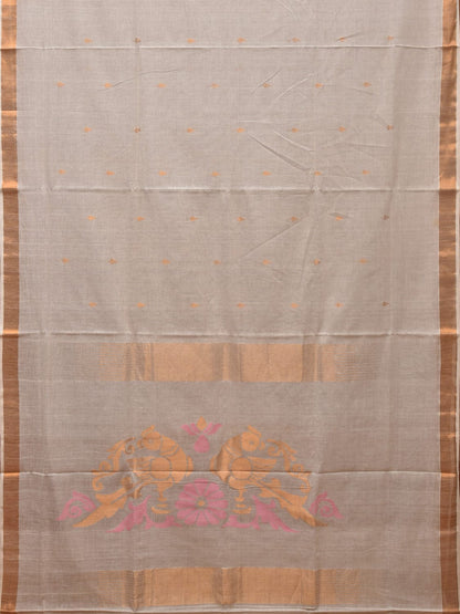 White Khadi Cotton Handloom Saree with Parrots Pallu Design - Global Threads
