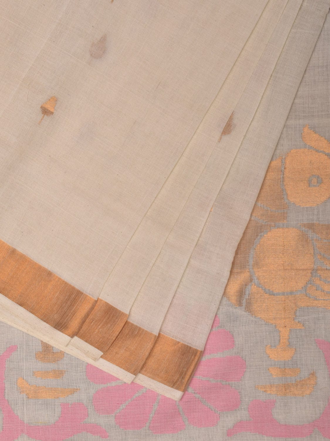 White Khadi Cotton Handloom Saree with Parrots Pallu Design - Global Threads