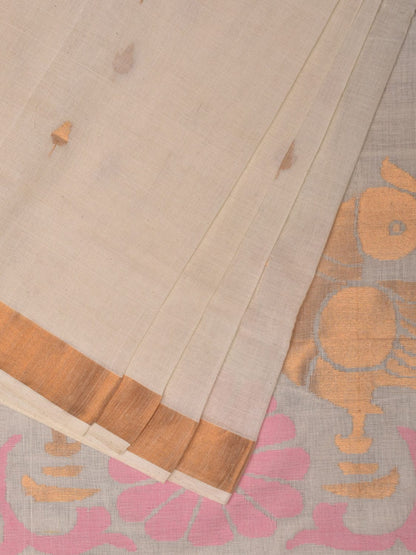 White Khadi Cotton Handloom Saree with Parrots Pallu Design - Global Threads