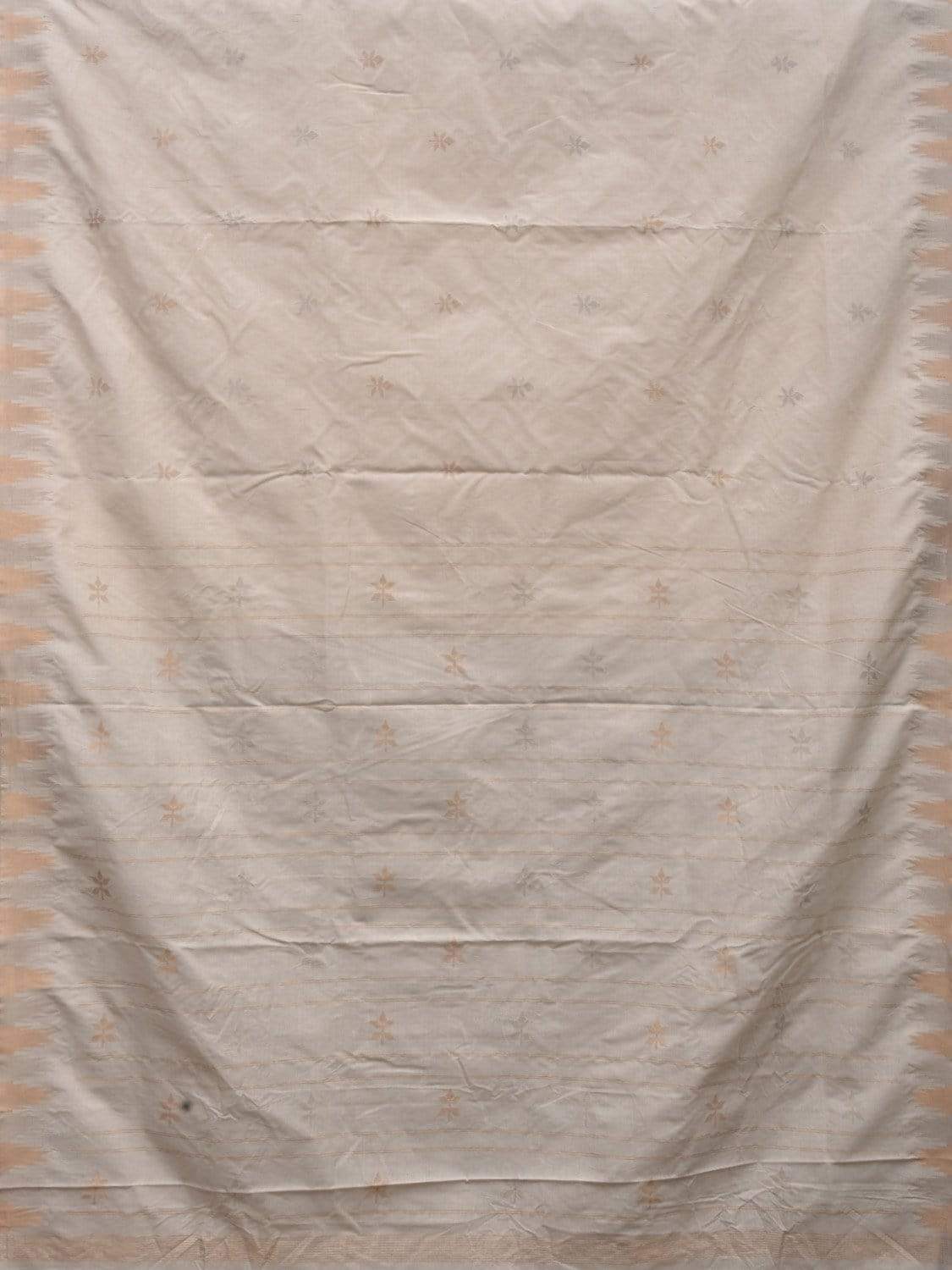 White Khadi Cotton Handloom Saree with Temple Border and Buta Design - Global Threads