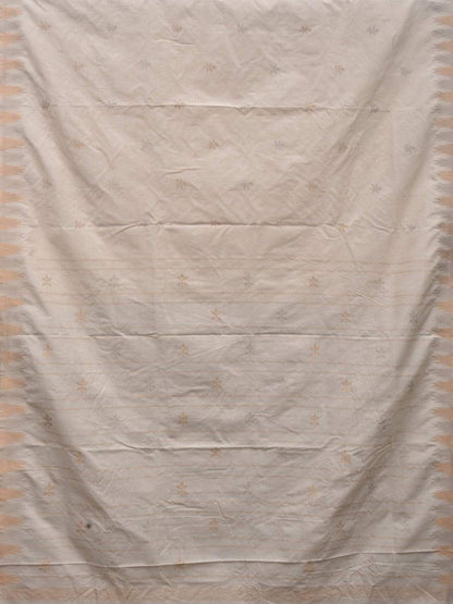 White Khadi Cotton Handloom Saree with Temple Border and Buta Design - Global Threads