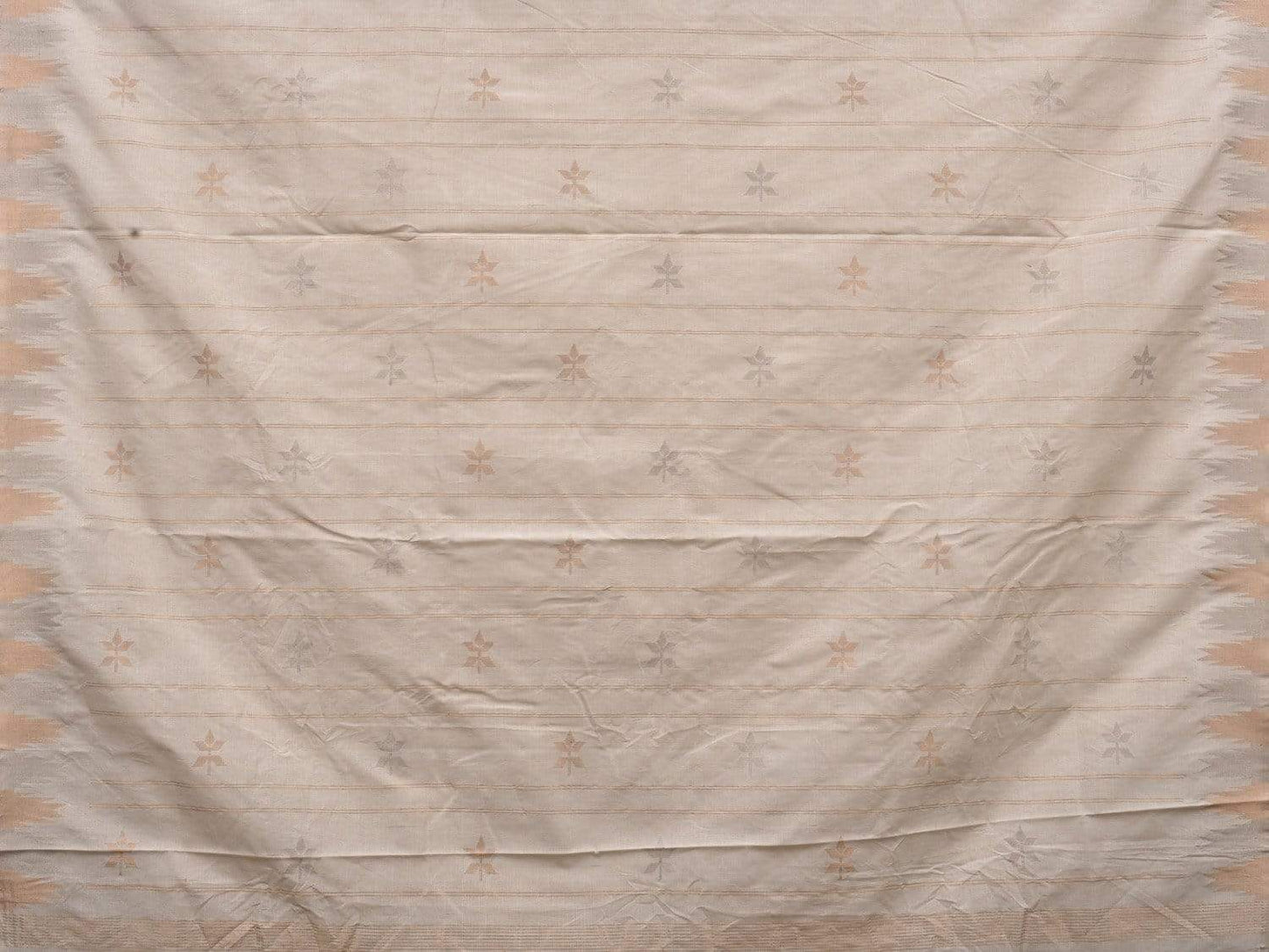 White Khadi Cotton Handloom Saree with Temple Border and Buta Design - Global Threads