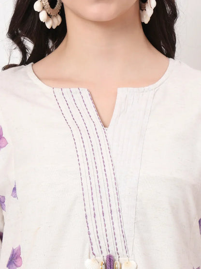 Yufta White Linen Cotton A Line Kurta Dupatta Pant Set