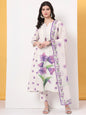 Yufta White Linen Cotton A Line Kurta Dupatta Pant Set
