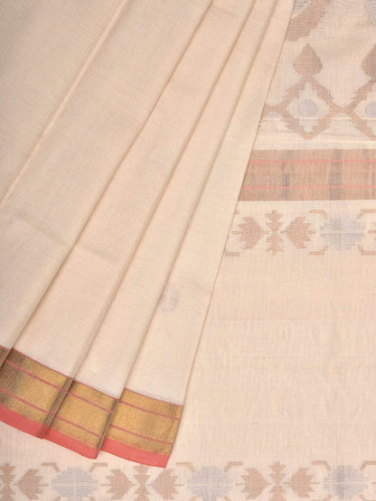 White Uppada Cotton Handloom Saree with Mango Design Pallu - Global Threads