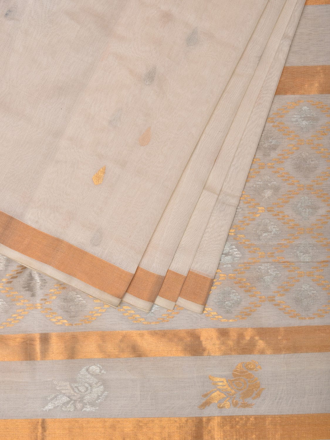 White Uppada Cotton Silk Handloom Saree with Hamsa Pallu Design - Global Threads