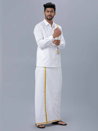 Ramraj Cotton Premium Wedding White Readymade Dhoti, Shirt & Towel Set Dhanvanthri