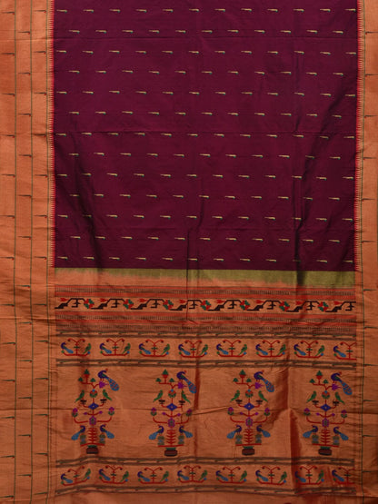 Wine Paithani Silk Handloom Saree with Pallu and Triple Muniya Border Design - Global Threads