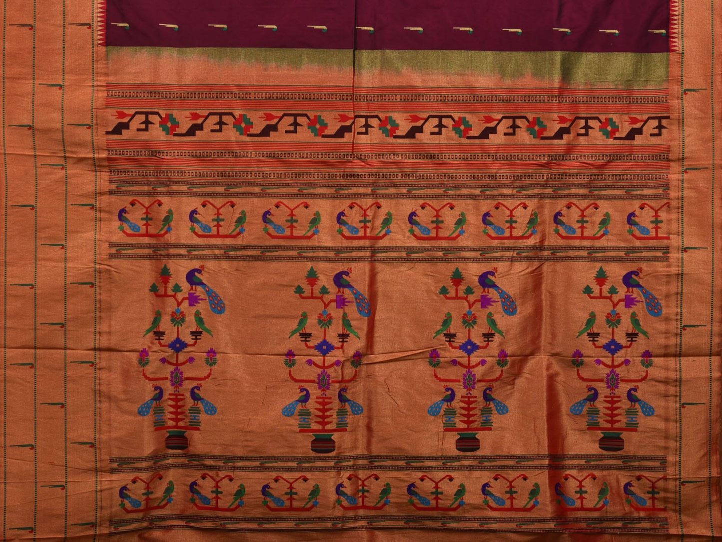 Wine Paithani Silk Handloom Saree with Pallu and Triple Muniya Border Design - Global Threads