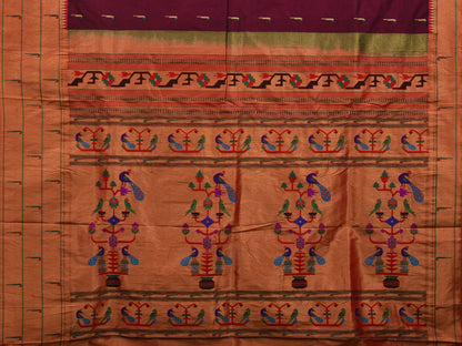 Wine Paithani Silk Handloom Saree with Pallu and Triple Muniya Border Design - Global Threads