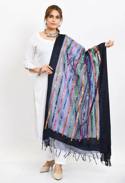 Mominos Fashion Moeza Women's Orgenza Multi Thread Mirror Work Navy Blue Dupatta