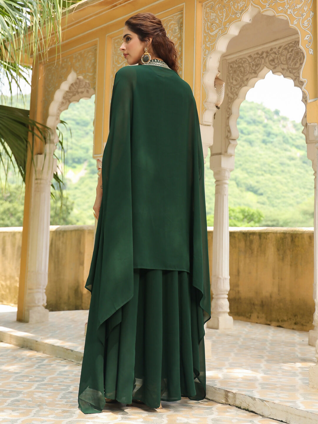 Janasya Dark Green Georgette Embroidered Dress & Jacket