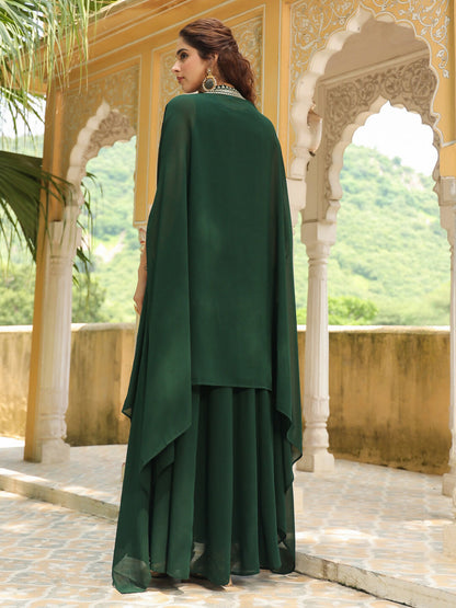Janasya Dark Green Georgette Embroidered Dress & Jacket