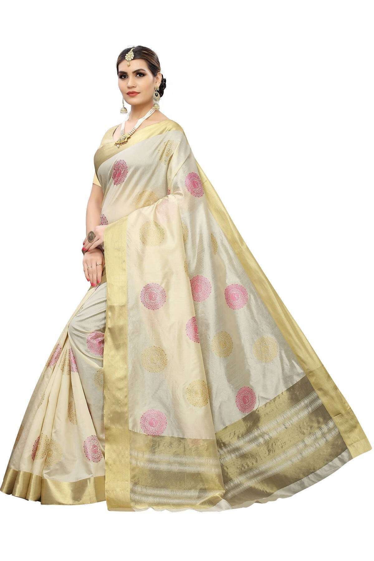 Vamika Cream Weaving Cotton Polyester Silk Saree (Kerala Bird Pink)