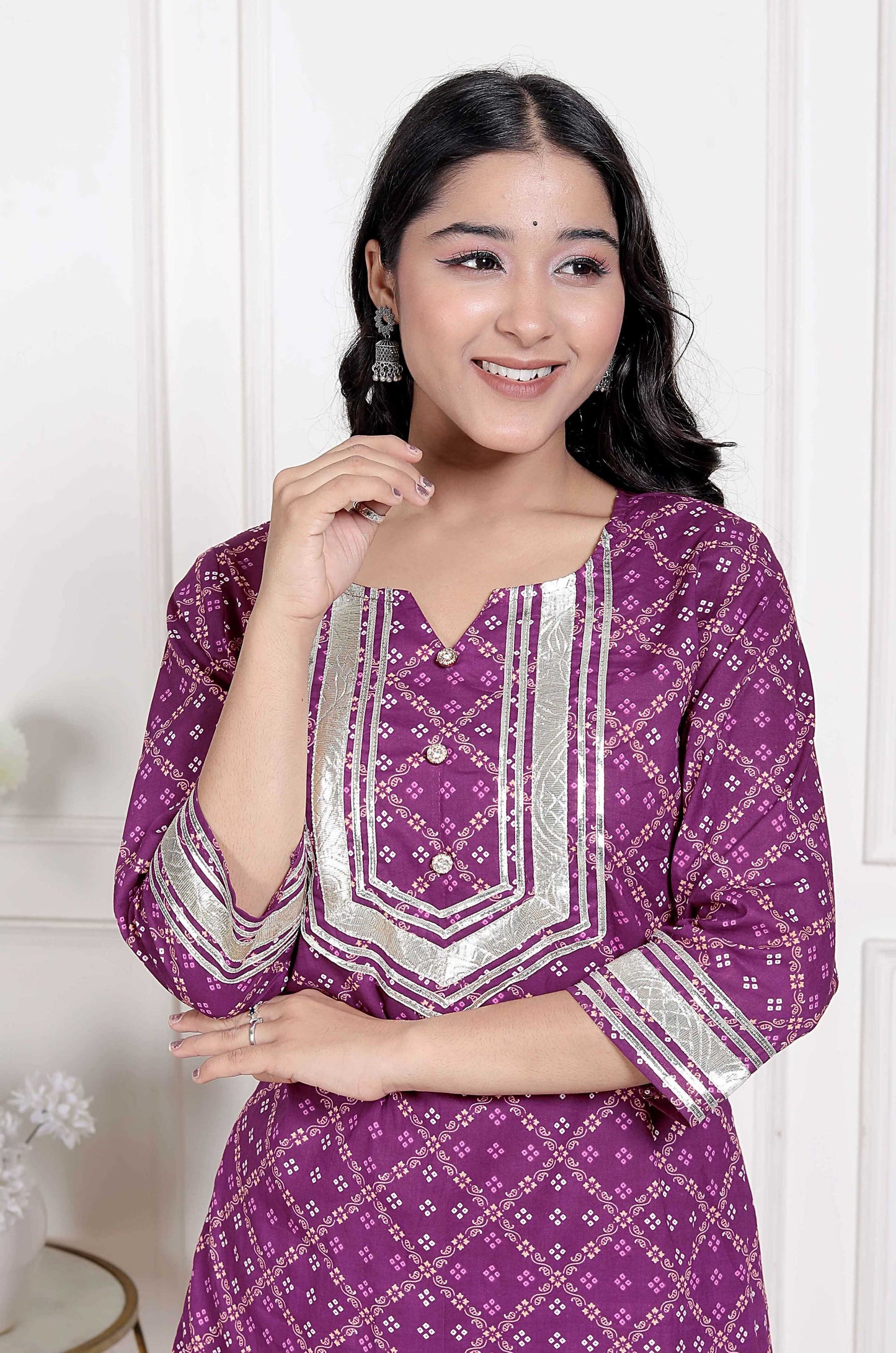 Miravan Women Cotton Magenta gota work Kurta with Flared Palazzo