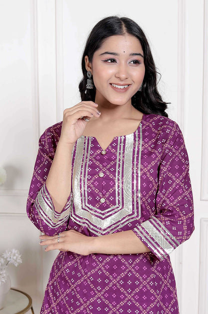 Miravan Women Cotton Magenta gota work Kurta with Flared Palazzo