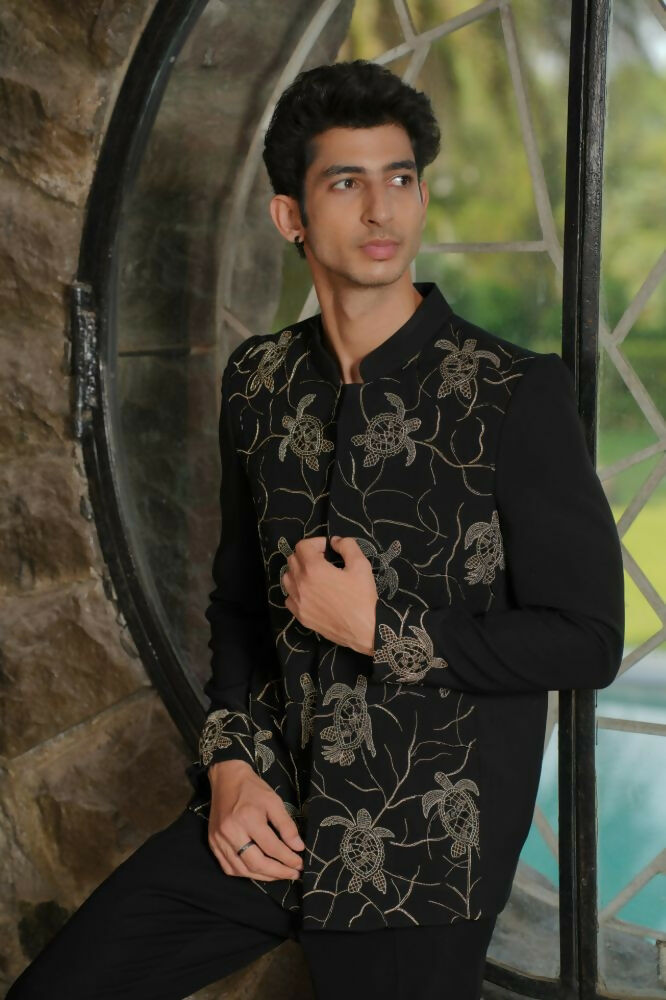 Classic Black Bandhgala Ensemble – Tortoise Embroidery by Hilo Design