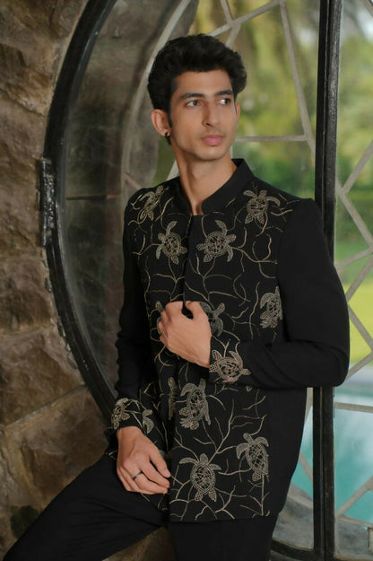 Classic Black Bandhgala Ensemble – Tortoise Embroidery by Hilo Design