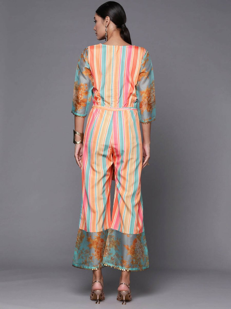 Ahalyaa Coral Orange & Blue Candy Striped Basic Jumpsuit