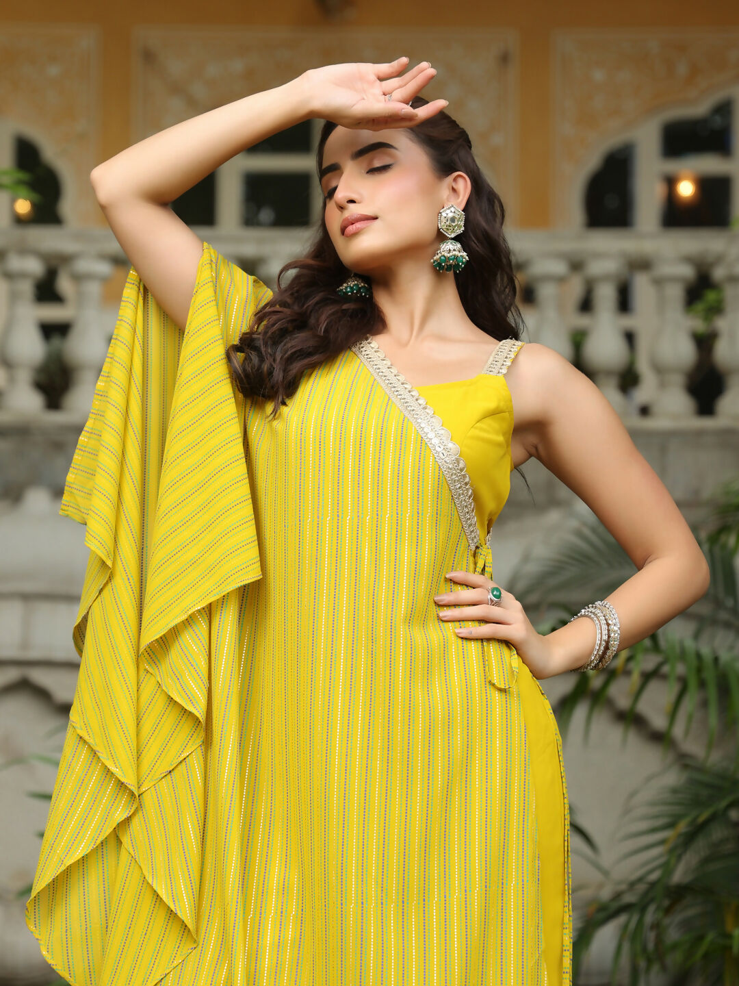 Janasya Yellow Georgette Solid Top Bottom Cape