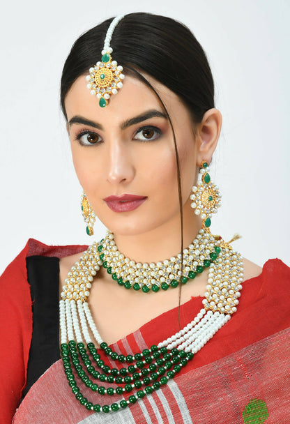 Mominos Fashion Johar Kamal Gold-Polished Rani Haar with Cream Green and Off white Pearls Jewellery Set