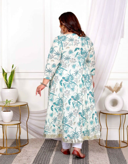 Miravan Women's Plus Size Light Green Cotton Gota Patti And Lace Border Details Birds And Leaf Floral Printed Anarkali Kurta