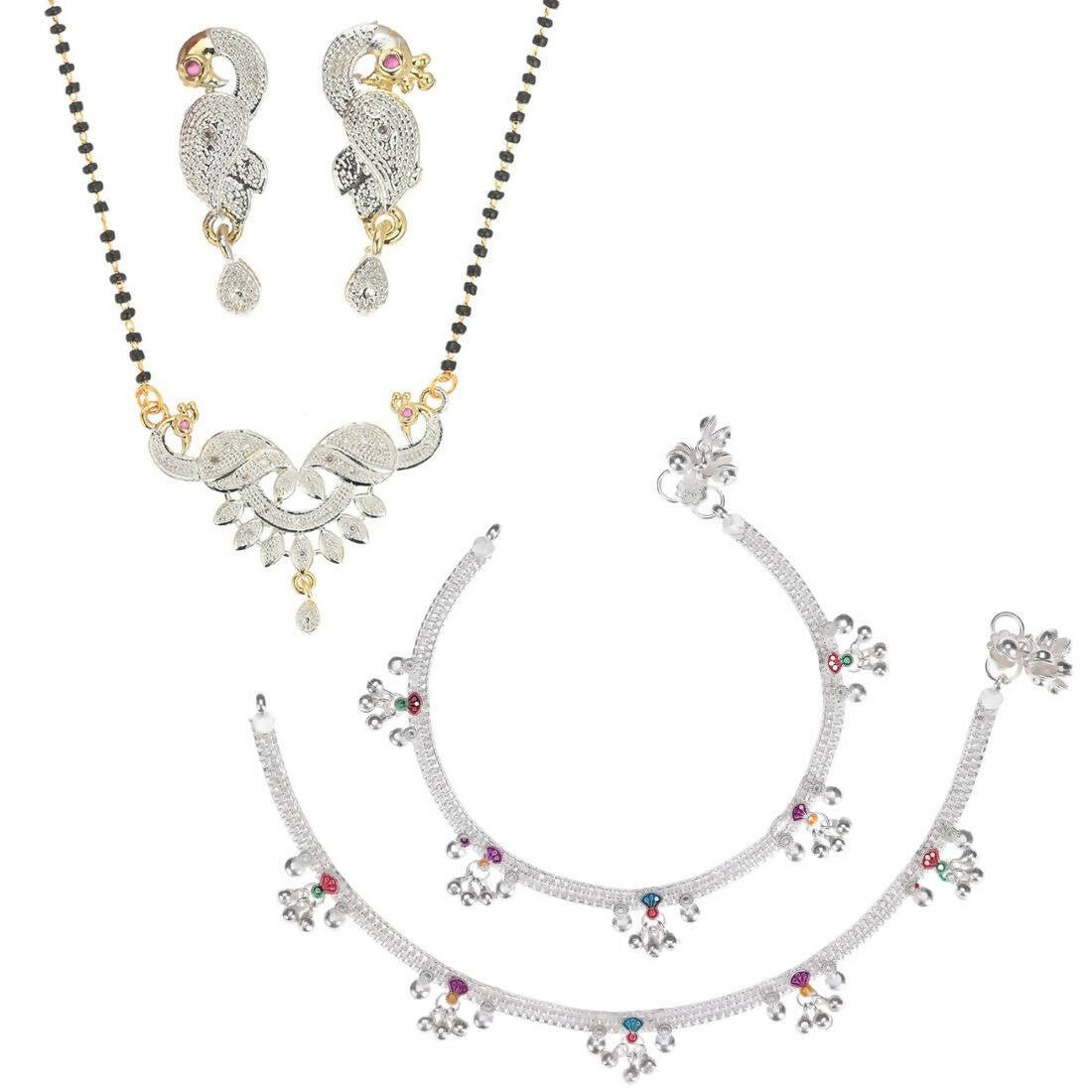 AanyaCentric Gold-Polished Mangalsutra Pendant Earring Set & Silver Plated Anklet