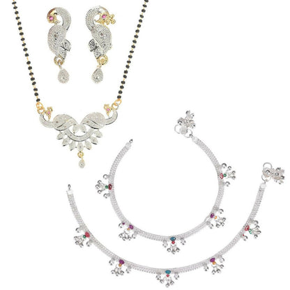 AanyaCentric Gold-Polished Mangalsutra Pendant Earring Set & Silver Plated Anklet