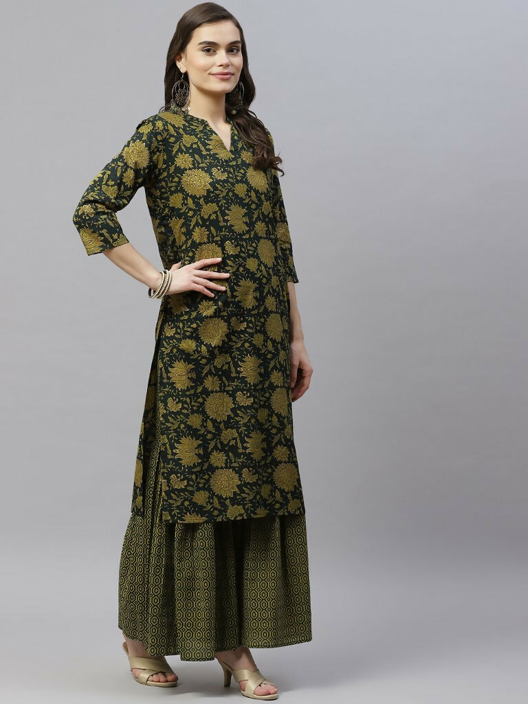 Miravan Women's Cotton Floral Straight Kurta & Sharara With Dupatta Set