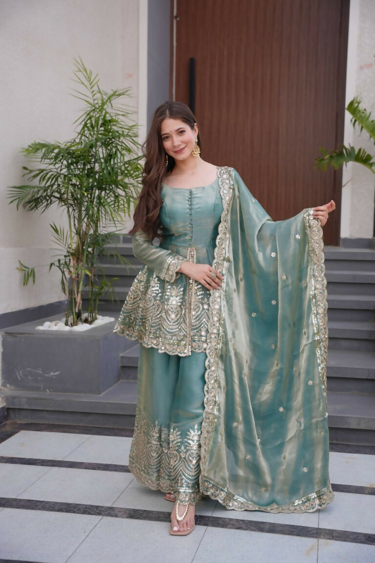 Teeya Creation Teal Color Fendy Satin Silk Embroidery Work party Wear Salwar Suit