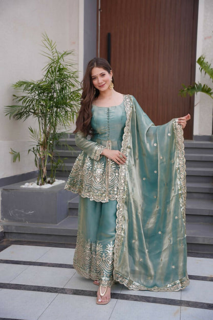 Teeya Creation Teal Color Fendy Satin Silk Embroidery Work party Wear Salwar Suit