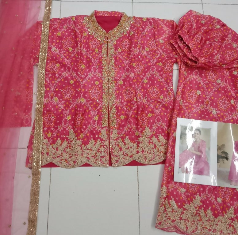 Vastranavya Pink Chinon Bandhini Print with Embroidery & Mirror or Jharkhan work Sharara Suit