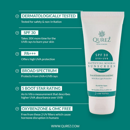 Qurez Mattifying Mineral Sunscreen SPF 30 PA+++ with Blue Light Protection