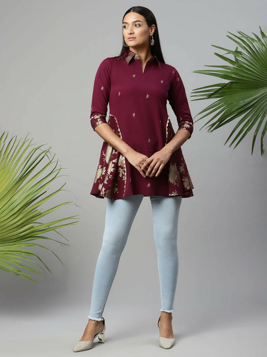 Ahalyaa Women Wine Crepe Printed Tunic