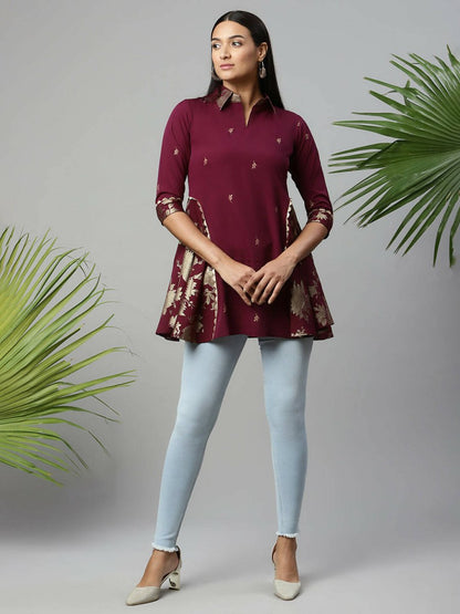 Ahalyaa Women Wine Crepe Printed Tunic