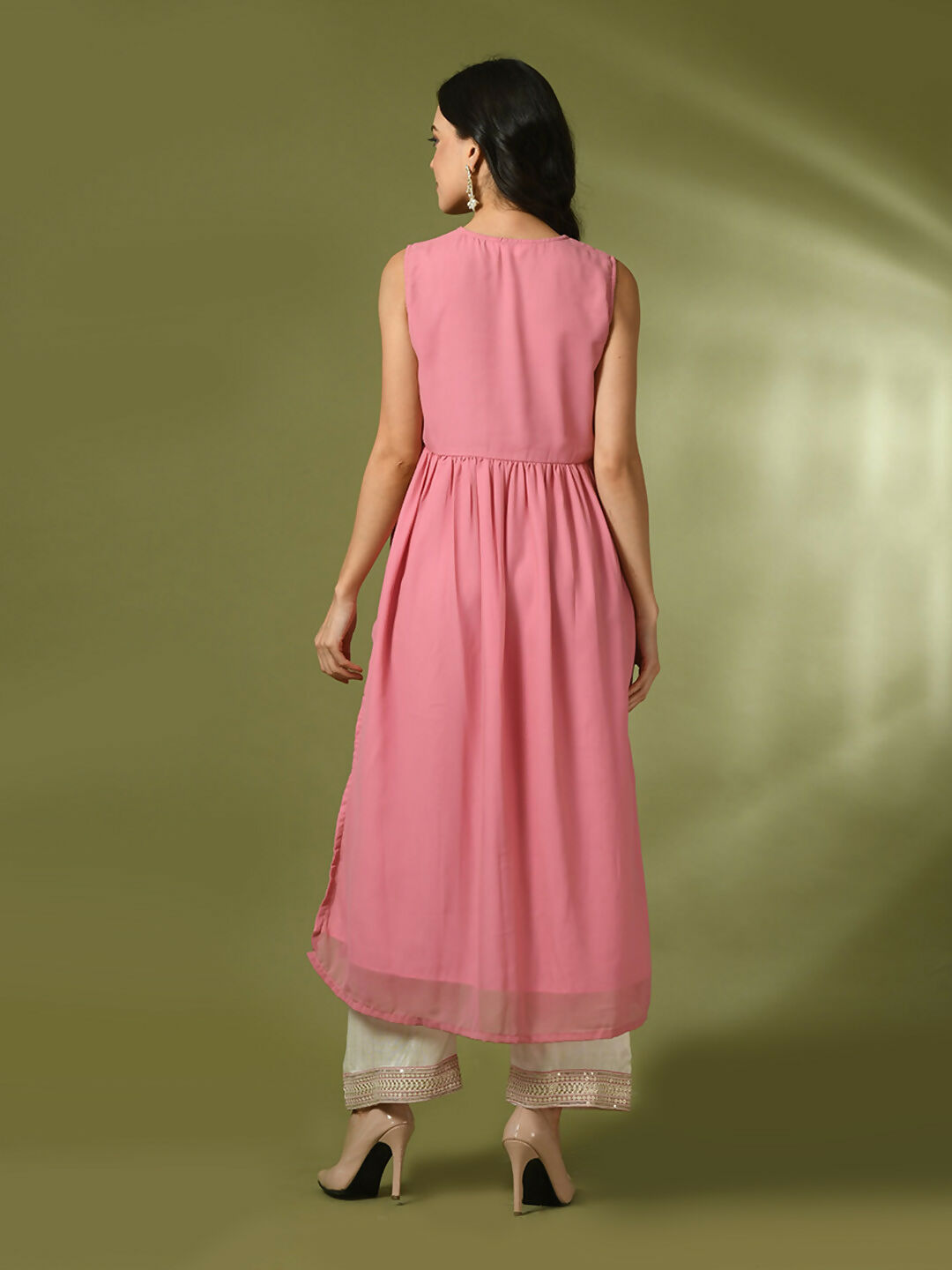 Myshka Women's Pink Solid Georgette Anarkali Party Kurta Set