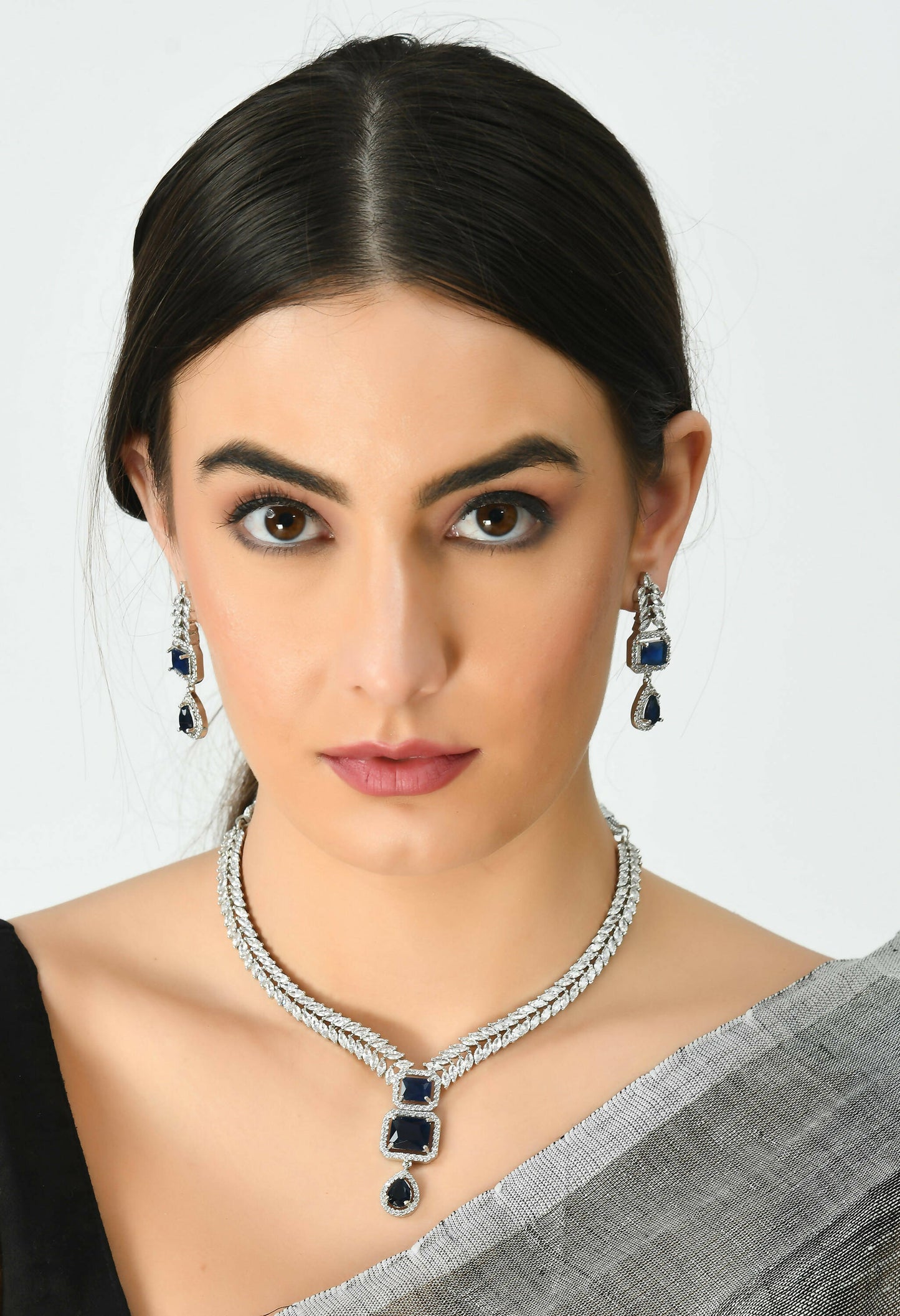 Mominos Fashion Johar Kamal Silver-Plated American Diamond Navy Blue Choker Set