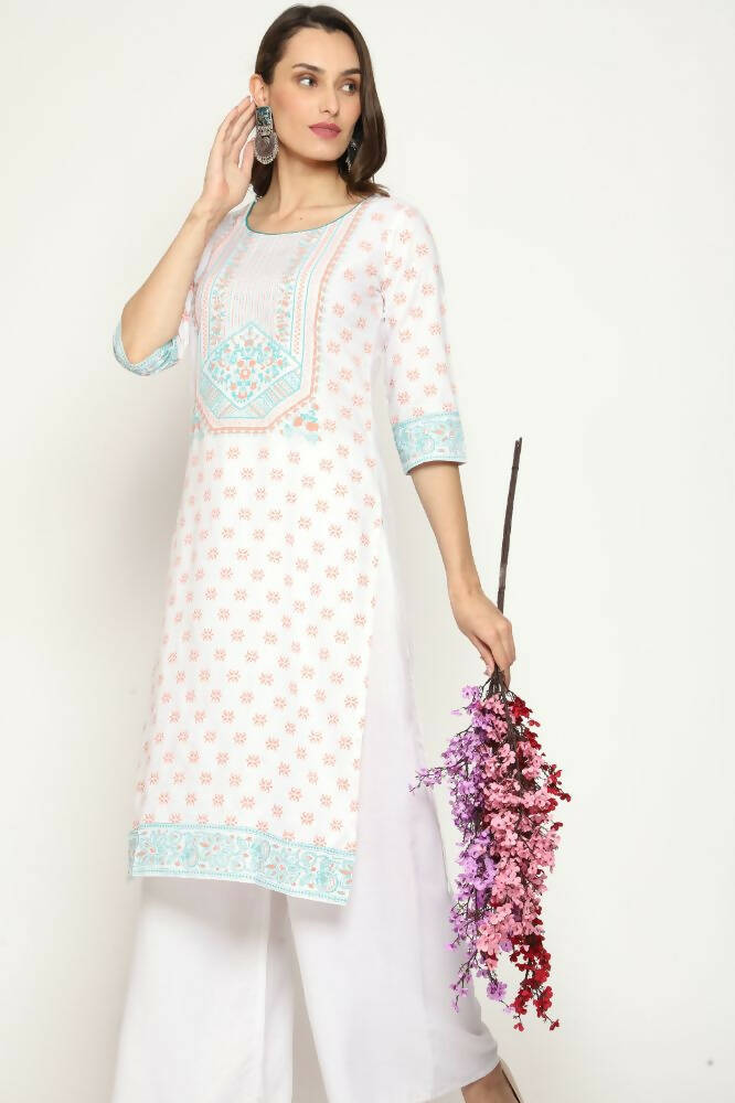 Maai Rayon Hand Printed Kurta Off-White