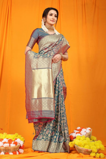 Jyoti Fashion Women's Grey Kanjivaram Silk Zari Woven Saree with Blouse