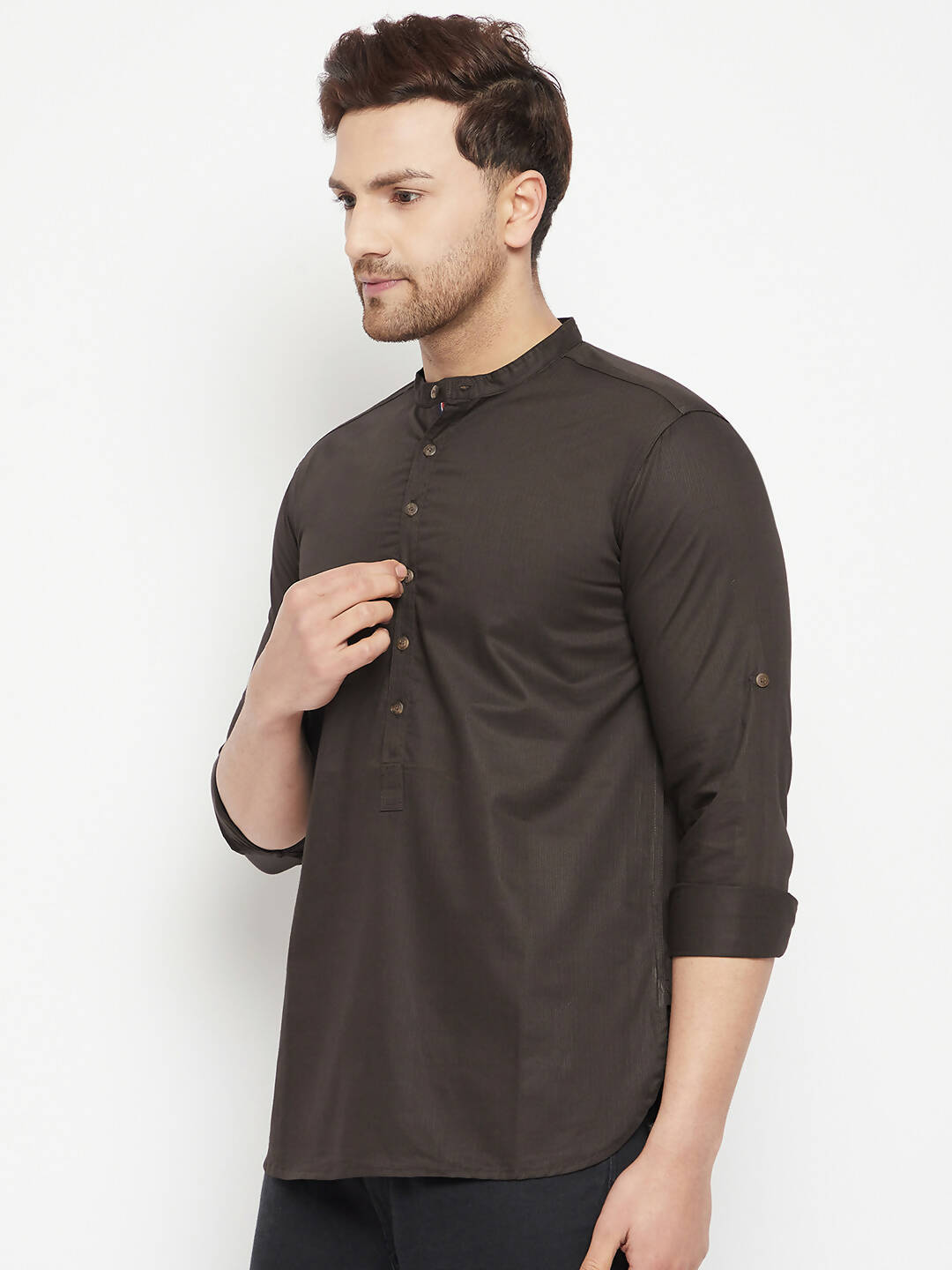 Even Apparels Brown Pure Cotton short Men's Kurta With Band Collar
