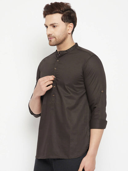 Even Apparels Brown Pure Cotton short Men's Kurta With Band Collar