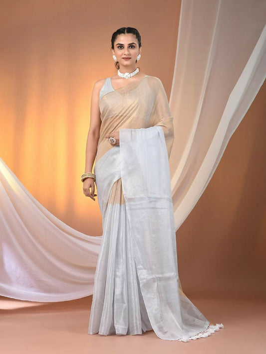 Exclusive Collection Beautiful Pino White Gold Tissue Silk Hand Weaving Handloom Saree With Running Blouse Piece