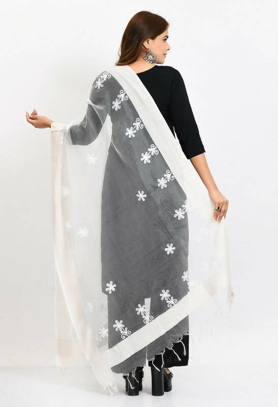 Mominos Fashion Moeza Women's Orgenza All Over Chikan Work White Dupatta